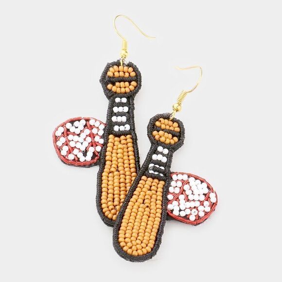 Baseball Bat Ball Seed Beaded Dangle Earrings - Picture 3 of 5